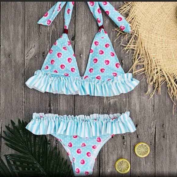 NIB $59 Misty Pearl | Ruffled Bikini | Floral & Coastal Stripes | Nylon/Spandex - Picture 2 of 6